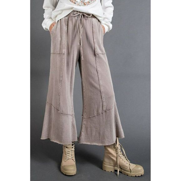 easel Pants & Jumpsuits Easel Washed Terry Knit Wide Leg Boho Bohemian Pants In Mushroom New